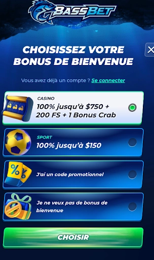 Page de sélection du bonus de bienvenue sur BassBet.