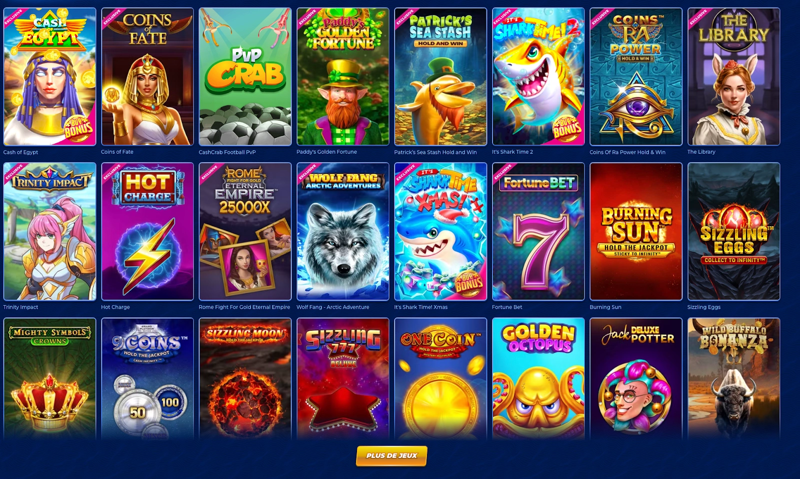 Sélection variée de jeux de casino BassBet, incluant des machines à sous exclusives et des nouveautés.